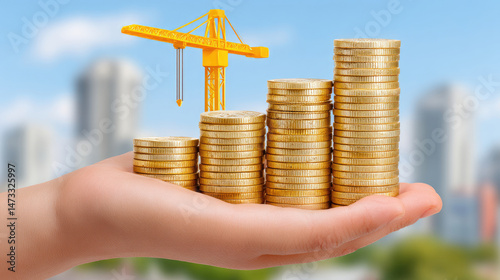 Wallpaper Mural A child's hand holds growing stacks of gold coins, a miniature crane lifts above, symbolizing construction and financial growth Torontodigital.ca