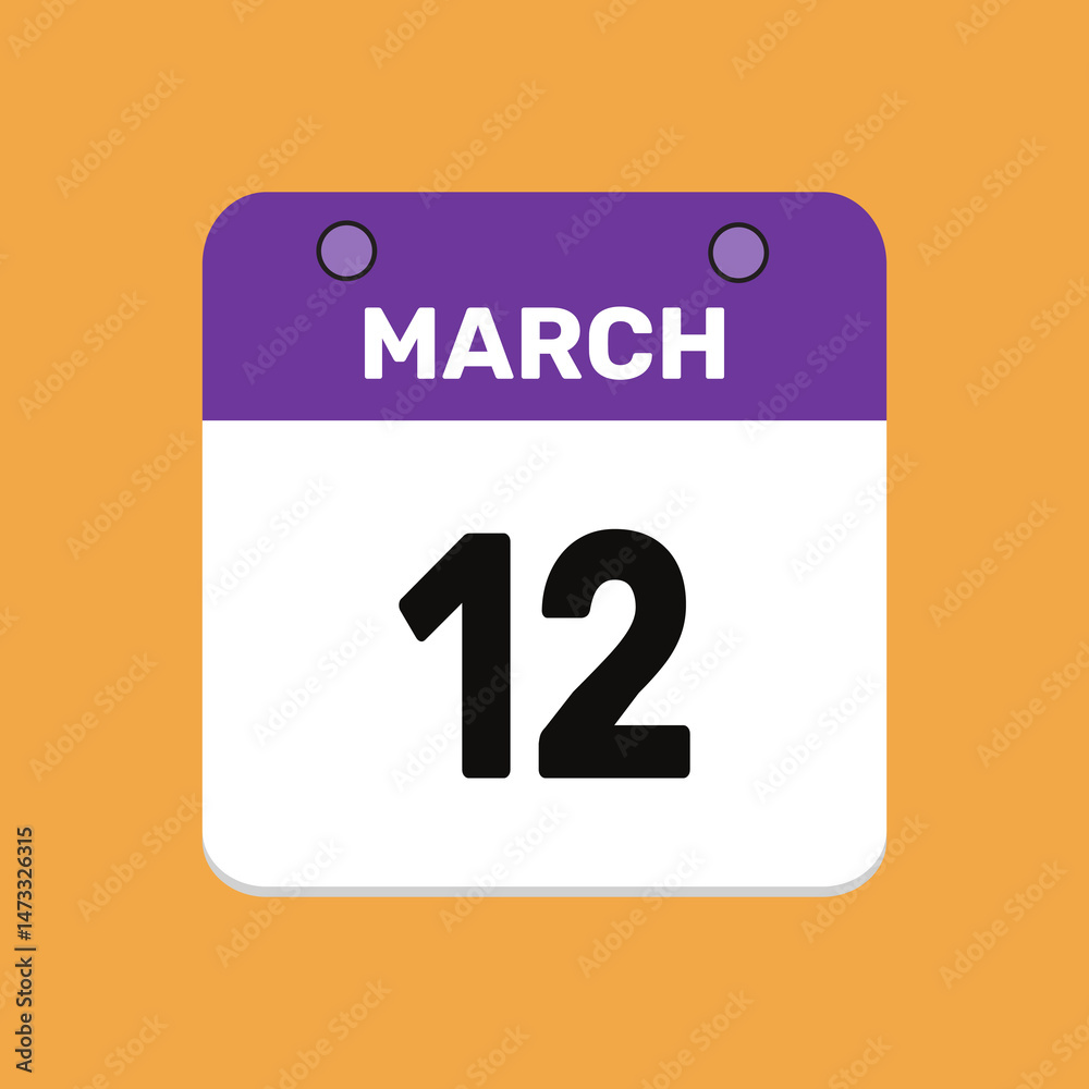 Calendar march 12 date icon vector calendar design and year illustration Calendar march 12 date icon vector calendar design and year illustration