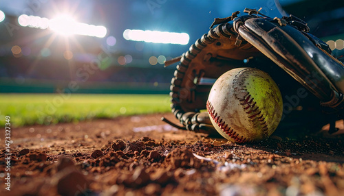 Softball in glove on dirt field, stadium lights shine