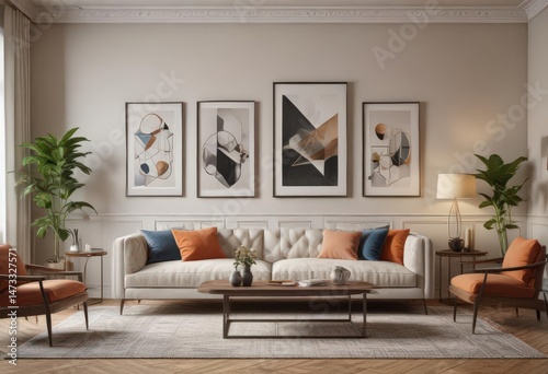 Chic living room, eclectic framed prints, geometric arrangement ,  frames,  modern,  decorations