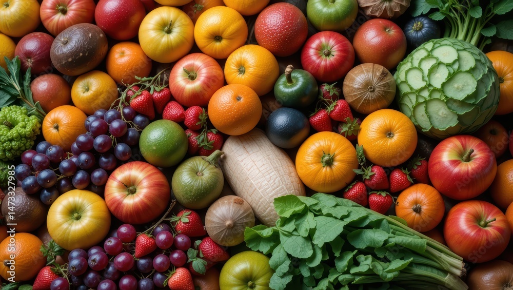 Vibrant Display of Fresh Fruits and Vegetables in a Lush, Colorful Arrangement Top View Vibrant Display of Fresh Fruits and Vegetables in a Lush, Colorful Arrangement Top View