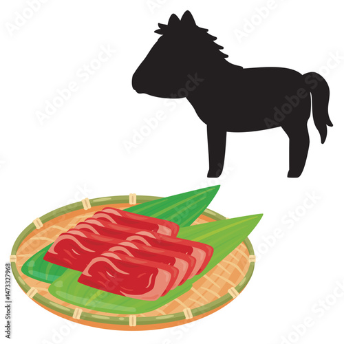 ザルに盛られた馬刺しとウマのシルエットイラスト