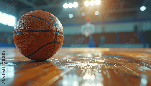 Focused basketball on a polished court inside of an arena with seats, lights overhead and space