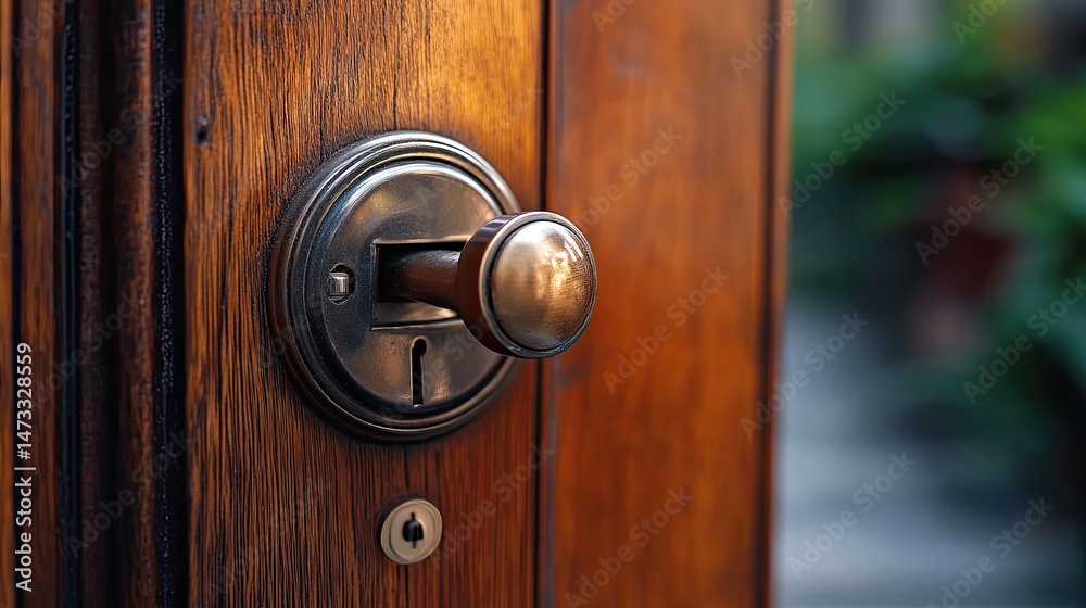 Fototapeta premium Close up of a wooden door with a metal doorknob and keyhole showing a blurred outdoor background