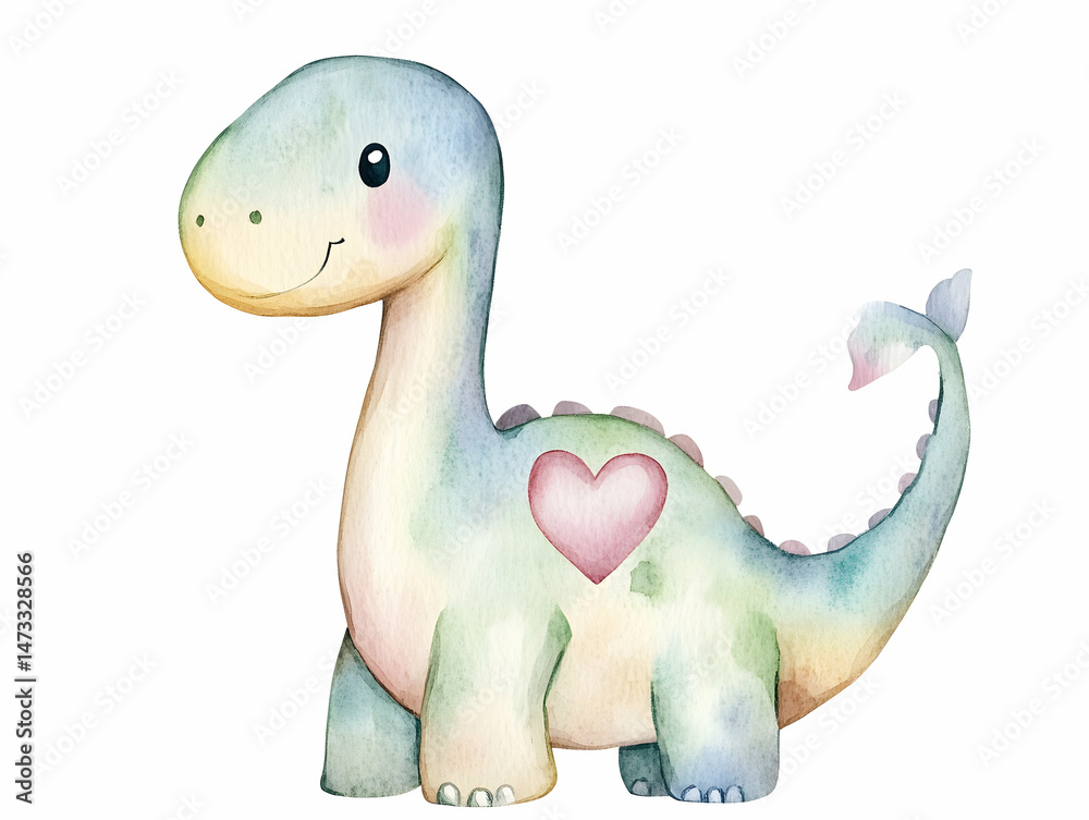 Obraz premium Friendly dinosaur with heart spot in watercolor for kids