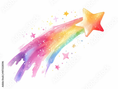 Shooting rainbow star trail in whimsical watercolor nursery illustration