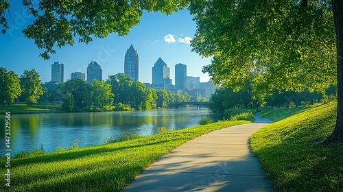 Urban skyline of Columbus, Ohio with lush greenery and riverwalk under blue sky 