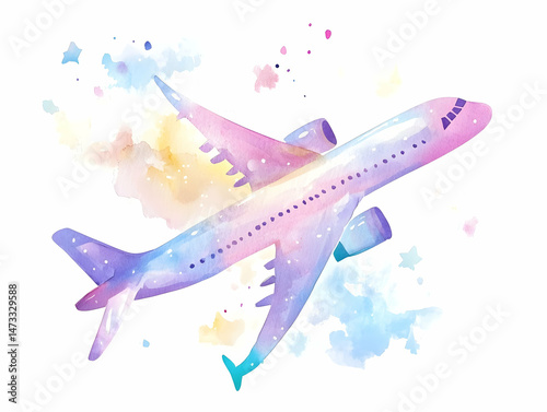Watercolor cartoon plane in soft colors flying in a dreamy nursery scene.