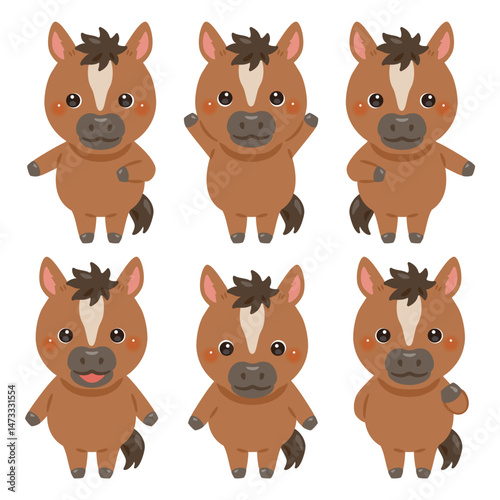 指さしをするウマのキャラクターイラストセット