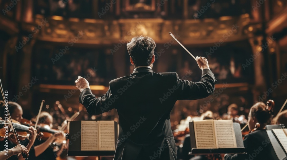Obraz premium An orchestra conductor leading musicians during a grand symphony performance.
