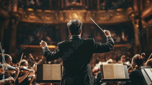 An orchestra conductor leading musicians during a grand symphony performance.