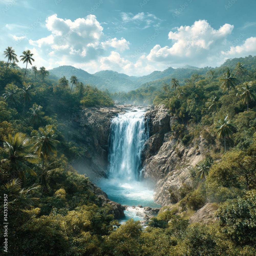 Fototapeta premium Breathtaking Waterfall Cascading Through a Lush Tropical Landscape with Palm Trees and Mountain Backdrop