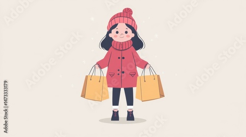 Little girl holding shopping bags in both hands, flat style illustration