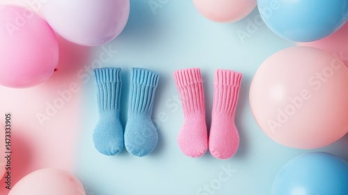 Cute gender reveal party invitation with little pink and blue socks and balloons