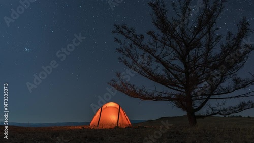 Timelapse of camp with orange illuminated tent near tree at night and moonset