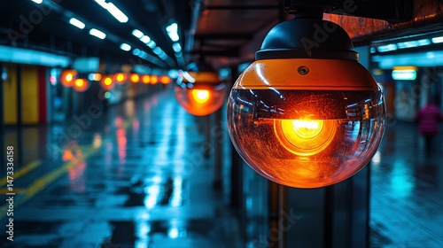 Underground station lighting illuminates a wet tunnel