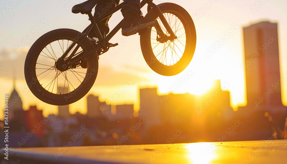 Obraz premium Bike stunt silhouette against sunlit city