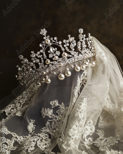 Elegant tiara on lace fabric background
