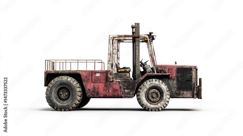 Naklejka premium Rusted forklift truck, side view, isolated