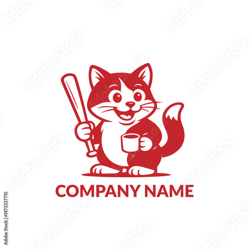 A black and white cat holding a baseball bat and a cup, with expressive eyes and a cheerful smile.