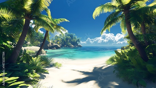 Fototapeta Naklejka Na Ścianę i Meble -  Serene tropical beach scene with palm trees turquoise water and pristine white sand.