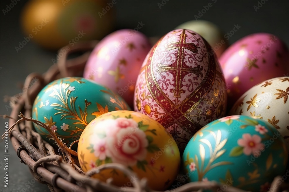 Close-up of intricately decorated Easter eggs, showcasing religious symbols A subtle, spiritual celebration , crucifix, holiday decor, spiritual Close-up of intricately decorated Easter eggs, showcasing religious symbols A subtle, spiritual celebration , crucifix, holiday decor, spiritual