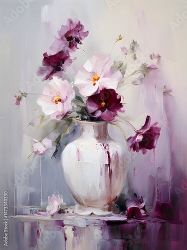 Beautiful white and purple flowers in vase. Artwork