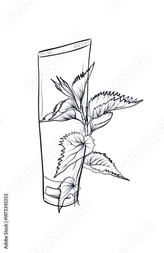 Cosmetic tube with nettle botanical outline coloring page vector