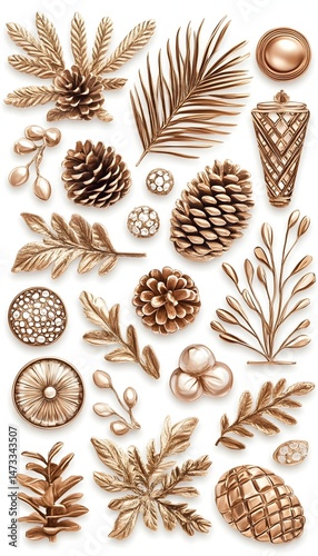 A collection of golden pine cones, leaves, and other decorative elements on a white background