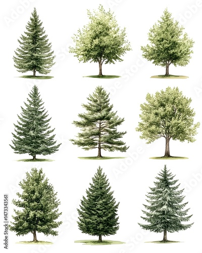 A collection of nine detailed illustrations of various trees, including evergreen and deciduous varieties, rendered in a realistic style on a white background