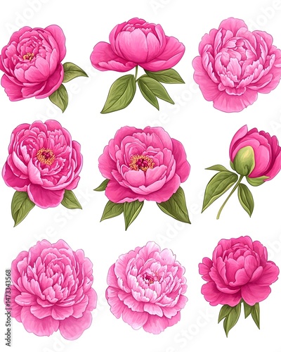 A collection of nine pink peonies in various stages of bloom, some with leaves, on a white background