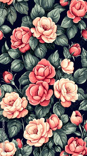 A dark navy background features a repeating pattern of pink and white roses, with lush green leaves