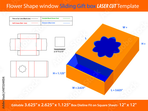 Flower Shape window Sliding Gift box LASER CUT Template
