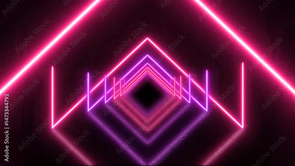 A mesmerizing looping animation of a neon tunnel composed of concentric glowing triangles in electric . The vibrant shapes pulse and recede toward a vanishing point