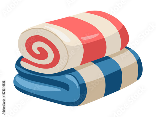 Soft red and blue striped towels rolled up. Beach, SPA and bath essentials. Cartoon vector illustration on white background. 