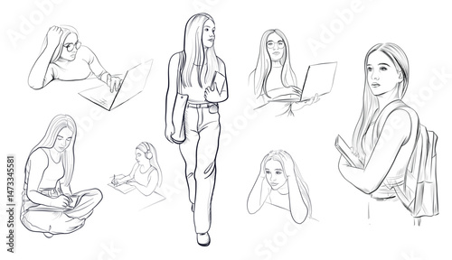 schoolgirl working and studying in different poses coloring page vector