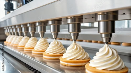 Wallpaper Mural Automated Pastry Production Line Shows Delicious Cream Cakes Being Efficiently Made Using Modern Food Industry Technology and Machinery Torontodigital.ca