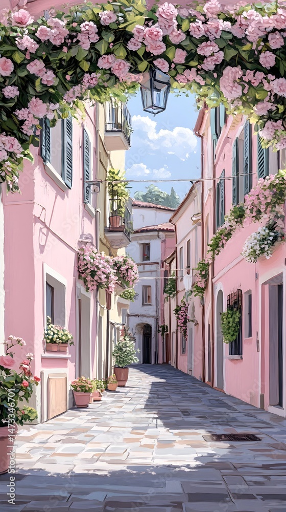 Fototapeta premium A picturesque alleyway lined with pastel pink buildings, adorned with blooming pink roses, creating a romantic atmosphere