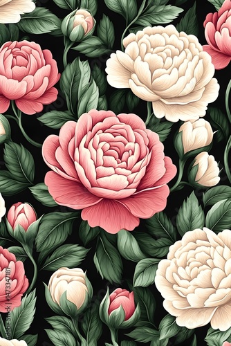 A seamless pattern featuring pink and white peonies with green leaves on a black background