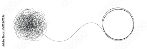 Tangle and unraveling thread of thoughts drawn in one continuous line. Concept of psychotherapy, mental health, problem solving. Vector editable line illustration. EPS 10 . 