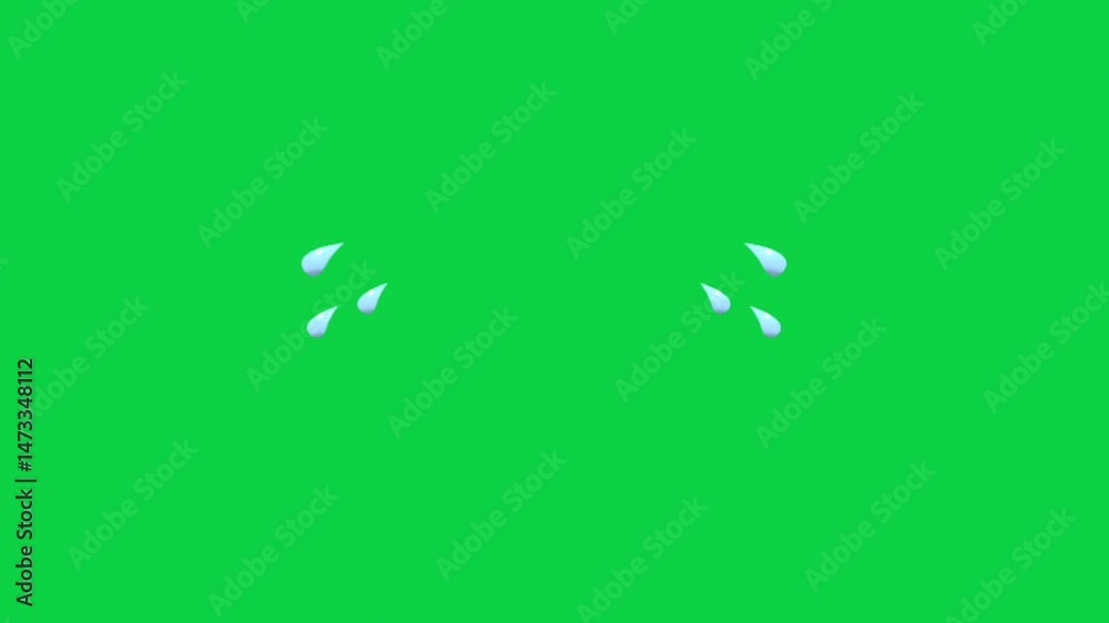 Cartoon tears animation. Two sets of blue teardrops falling on a green screen background. Perfect for emotional expressions