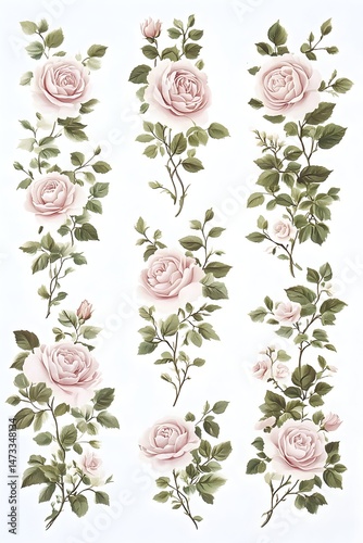 A vertical arrangement of nine pink roses, each with green leaves and stems