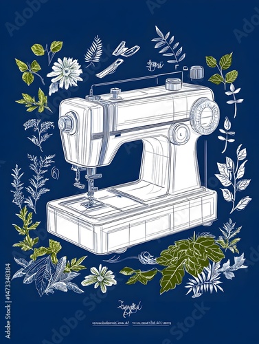 A vintage sewing machine surrounded by a wreath of white and green floral illustrations on a blue background