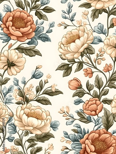 A white background features a repeating pattern of peach and cream colored flowers with green and blue foliage