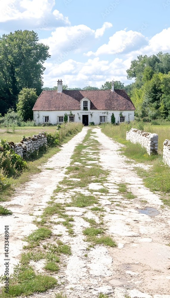 Fototapeta premium A white farmhouse with a red tile roof sits at the end of a long, gravel driveway lined with stone walls