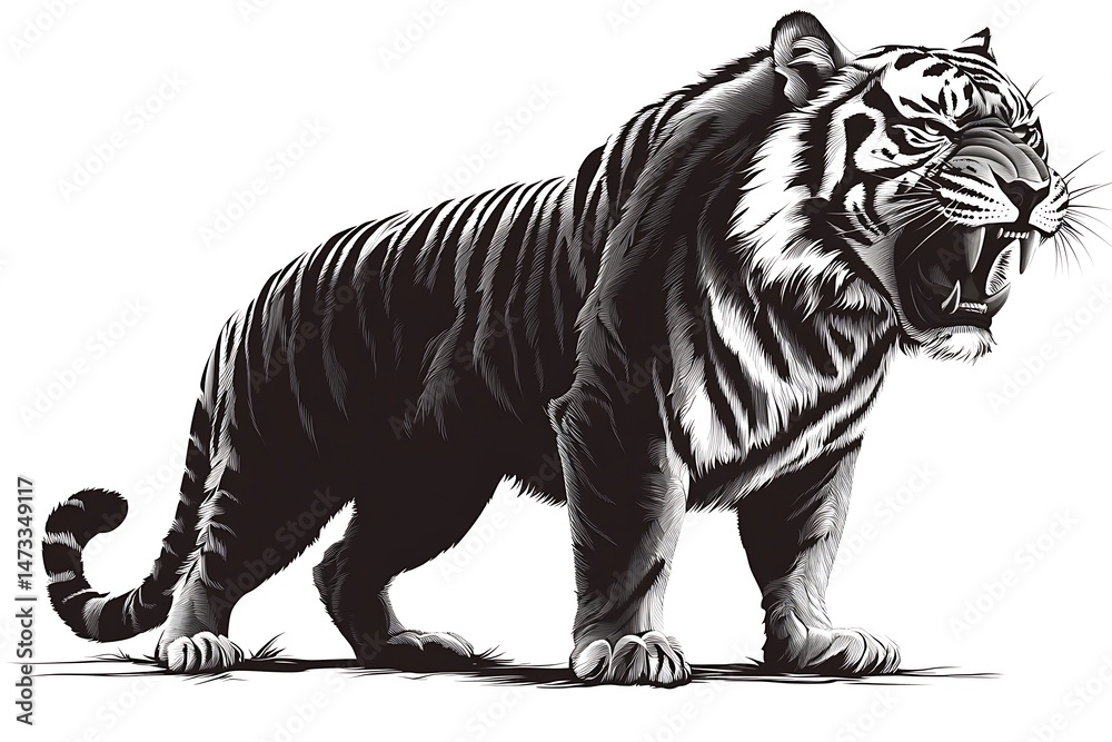 Fototapeta premium Striking black and white vector illustration of a powerful roaring tiger standing proudly