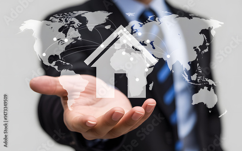 Businessman presenting a global real estate concept featuring house icon and worldwide connections