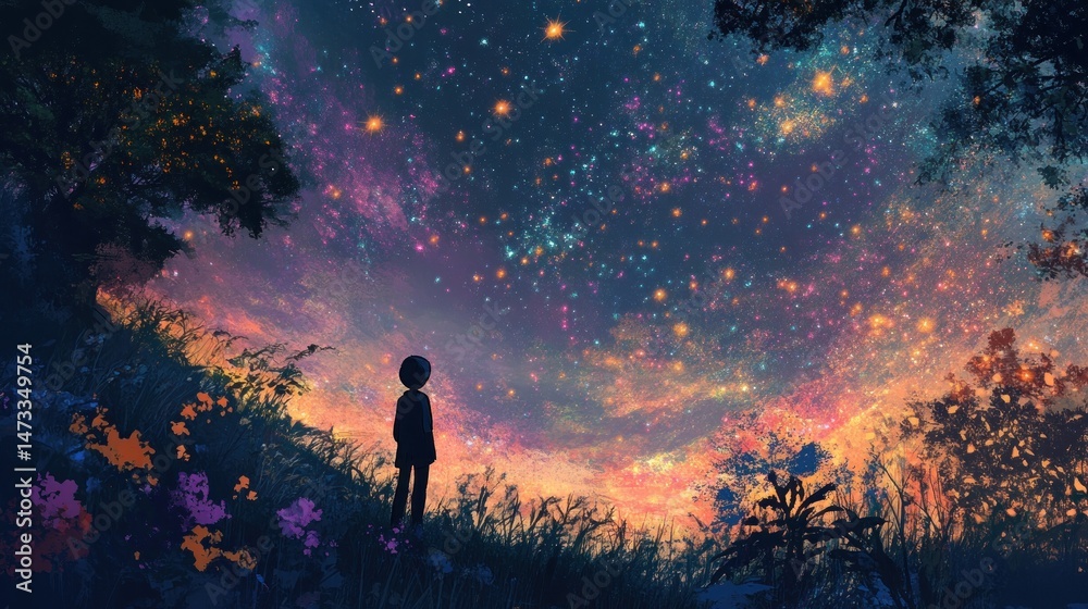 Fototapeta premium Child gazing at starry night sky