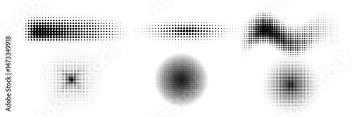 Set of halftone dots curved gradient pattern texture isolated on white background. Curve dotted spots using halftone circle dot raster texture collection.
