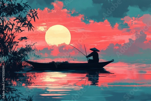 ultra quality image of fisherman on boat catching fish with sunrise